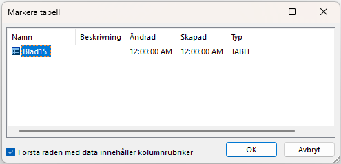 Välj tabell i Excel för användning i dokumentkoppling
